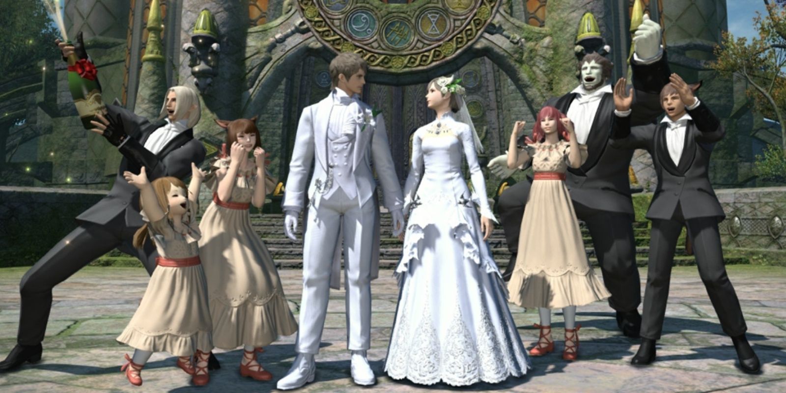A bride and groom holding hands as characters around them cheer and pop confetti poppers