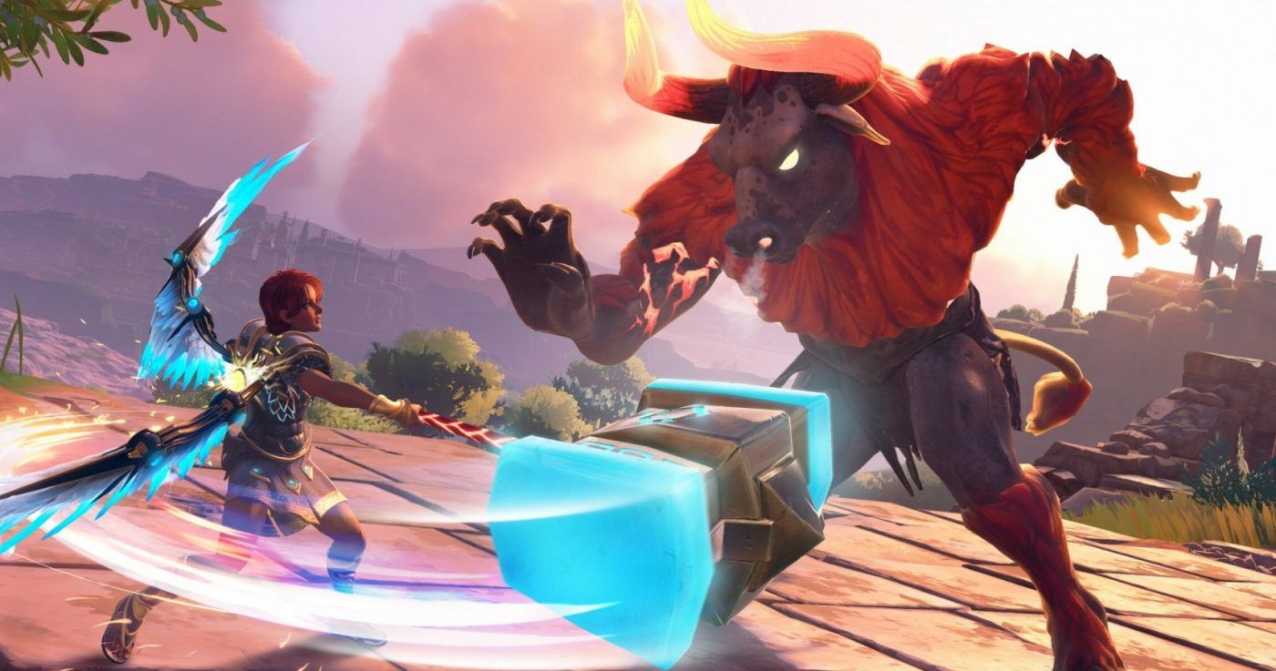 Fenyx fighting a minotaur in Immortals Fenyx Rising