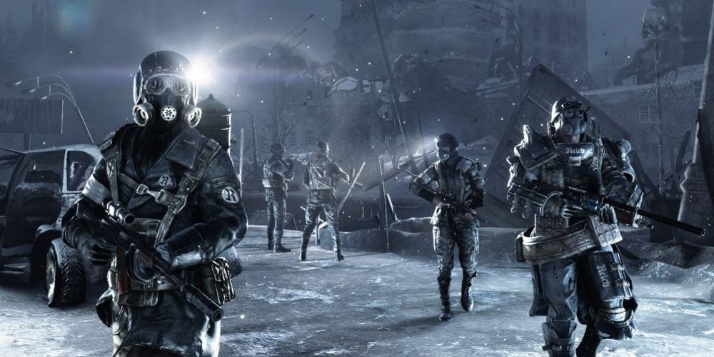 Military in snowy wasteland.