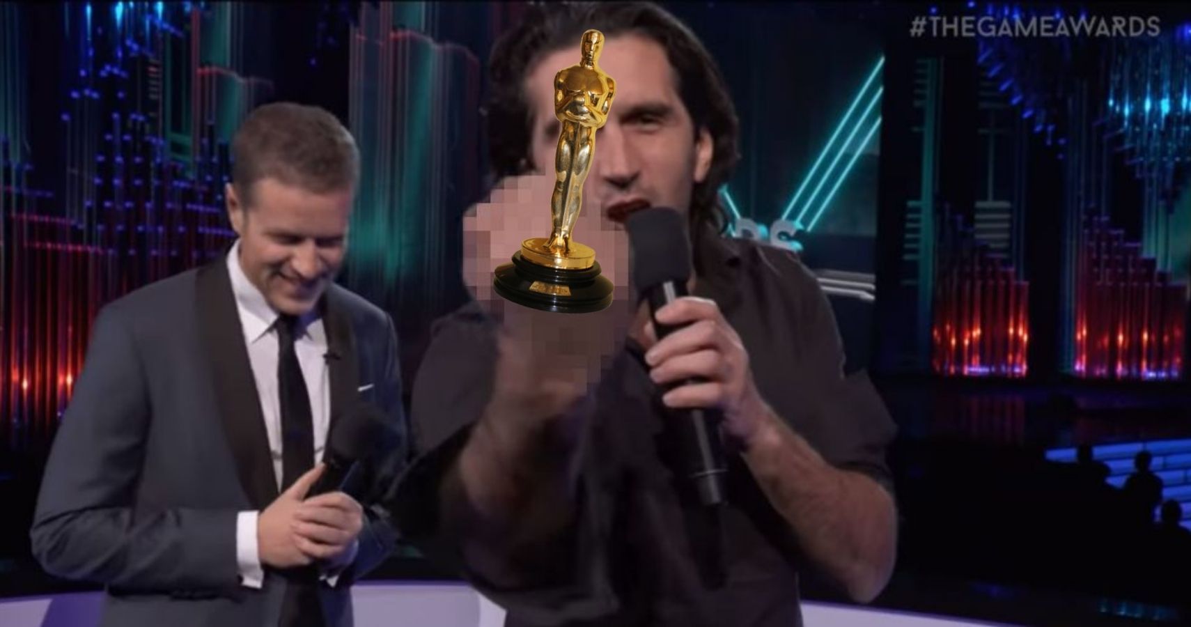 Josef Fares' middle finger blurred out by an Oscar