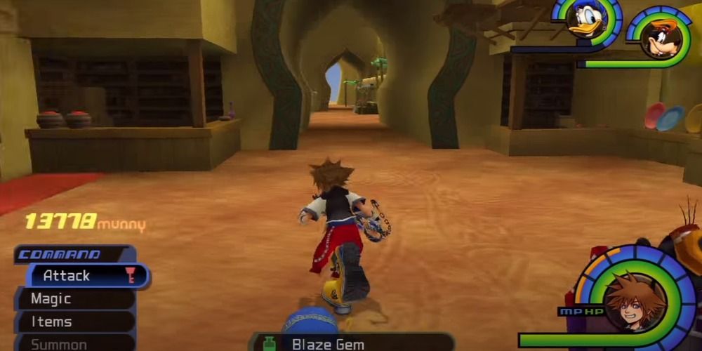 Sora picking up a Blaze Gem in Agrabah in Kingdom Hearts