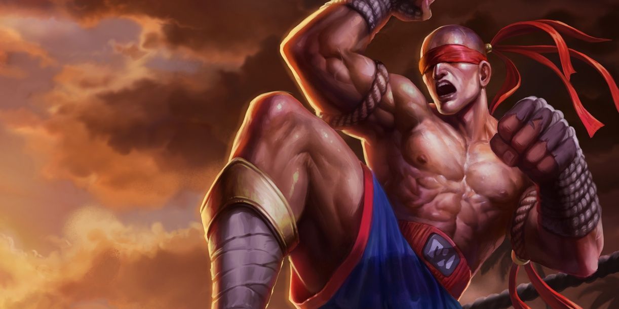 League Of Legends Muay Thai Lee Sin Kicking Pose Wearing Blue Shorts Red Headband And Hand Wraps
