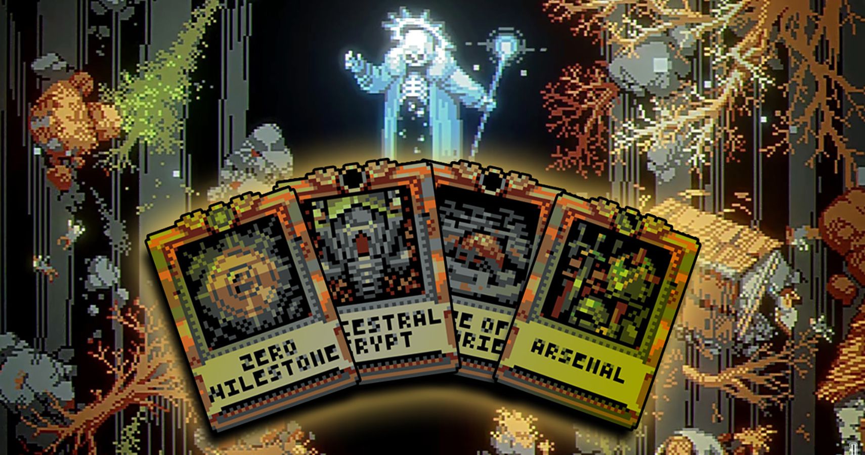 Loop Hero: All Four Gold Cards Overlaid On A Wallpaper Image Of The Lich
