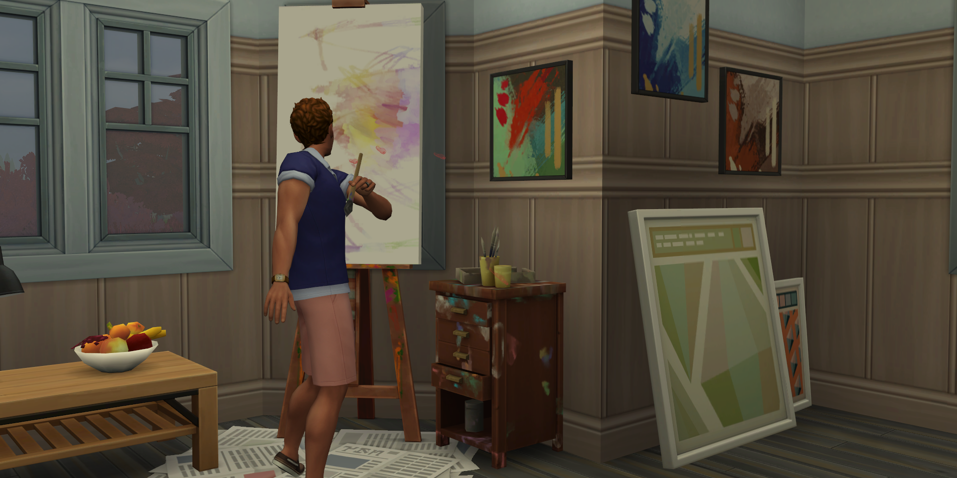 A Sim painting on an easel in The Sims 4
