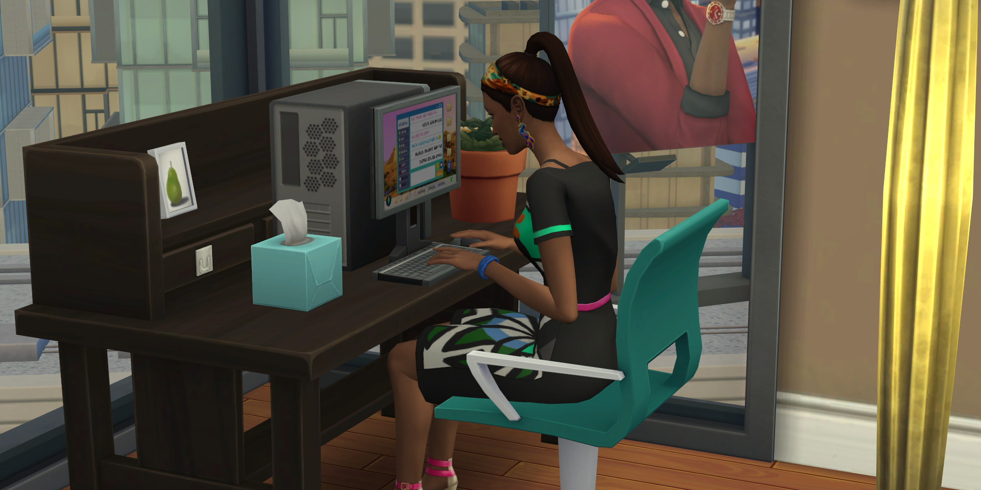 Sims 4's Penny Pizzaz using a computer