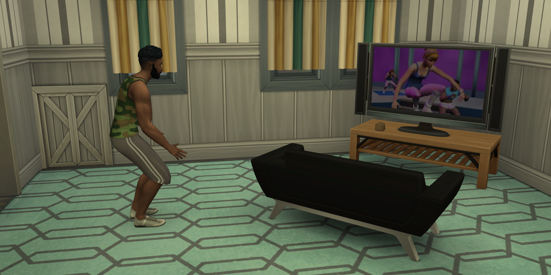 Sims 4, a Sim is doing an at-home strength workout on their TV