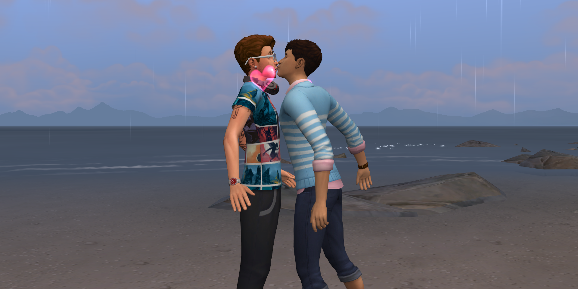 Two Sims share their first kiss on the beach in Windenburg