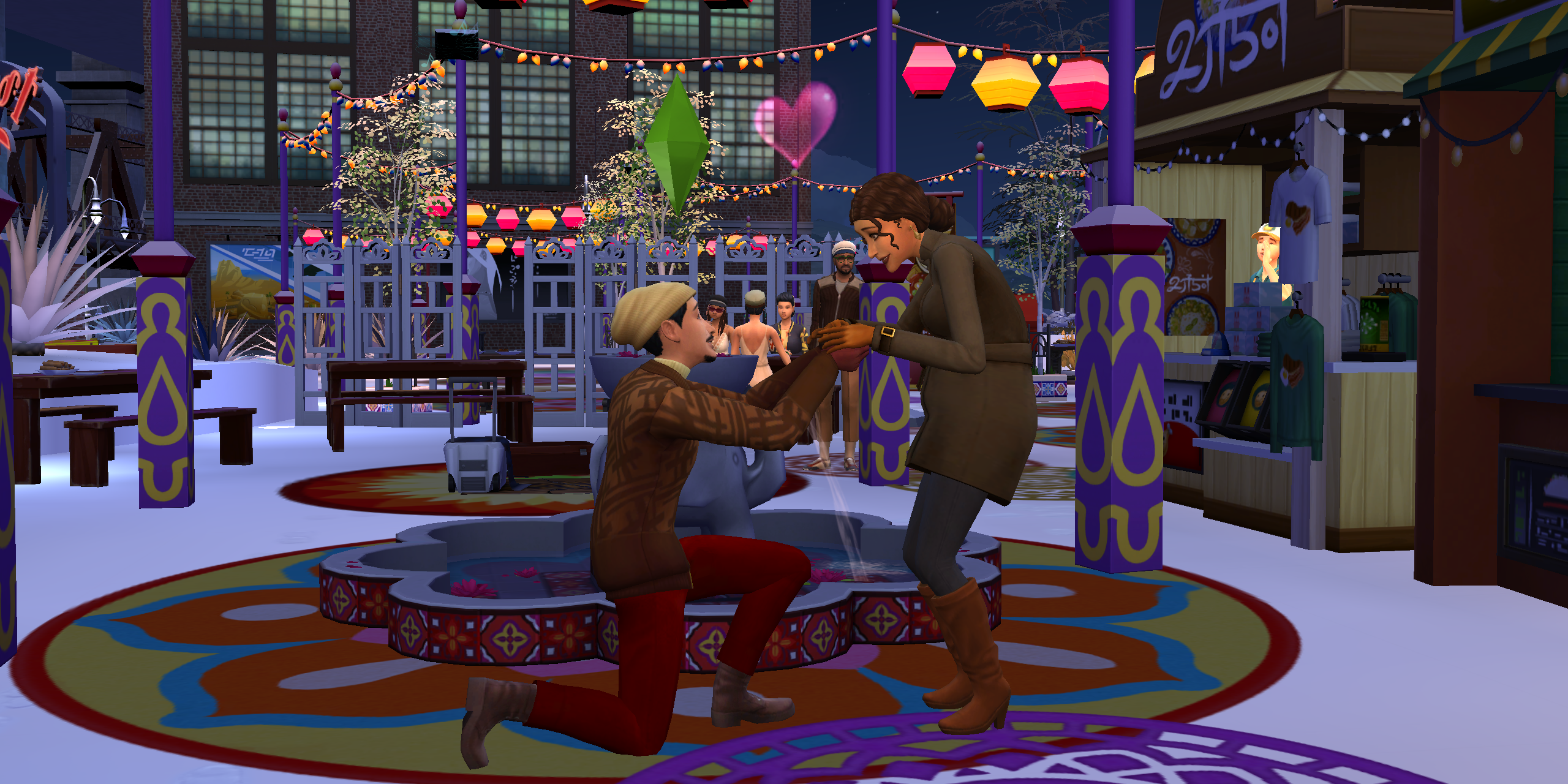 A Sim down on one knee, proposing to their partner during a festival
