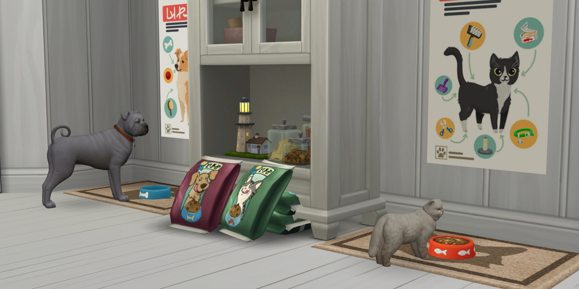 A dog and cat eating their food in The Sims 4
