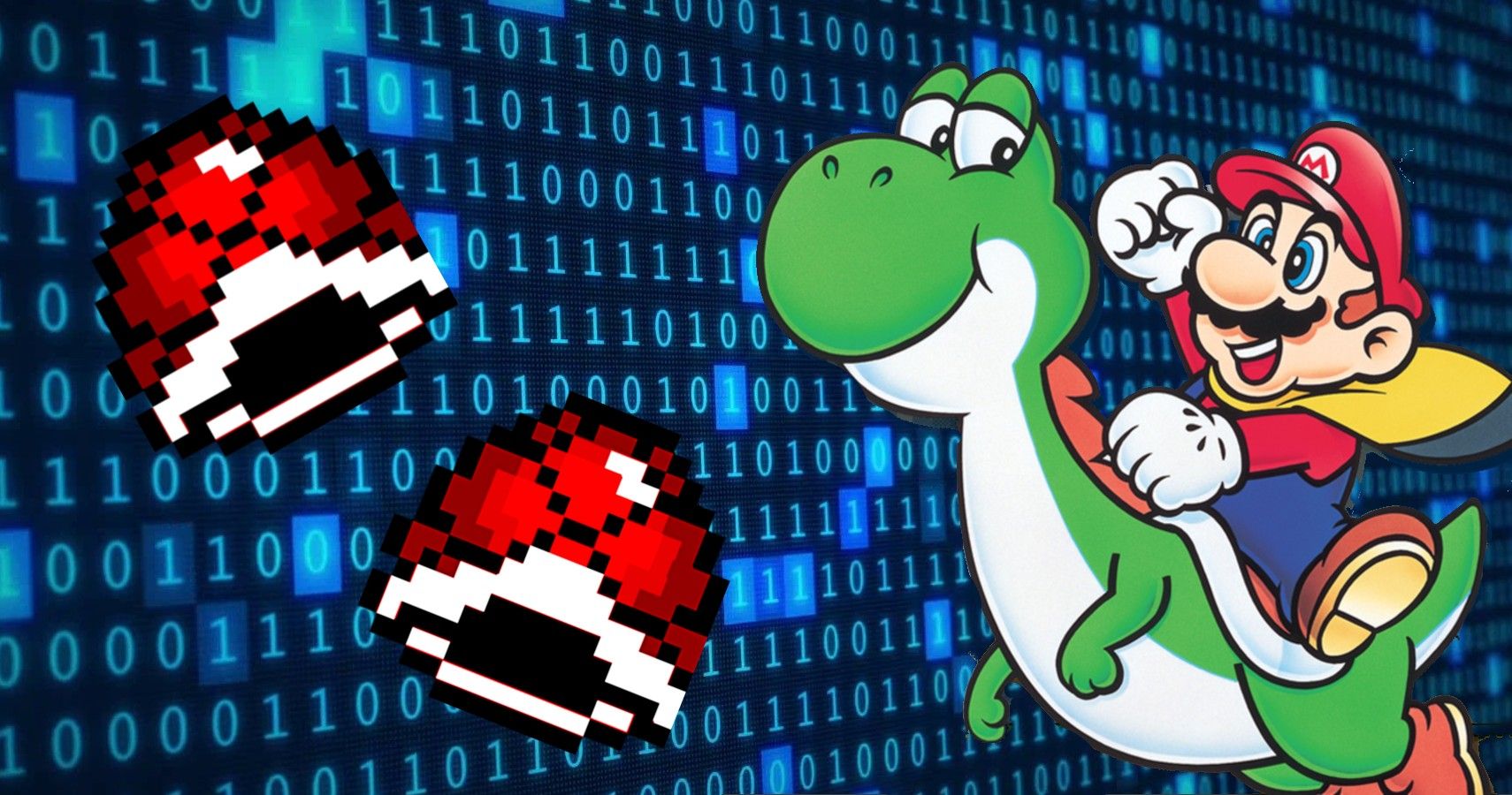 Mario And Yoshi Next To Koopa Shells Overtop Blue Binary Code