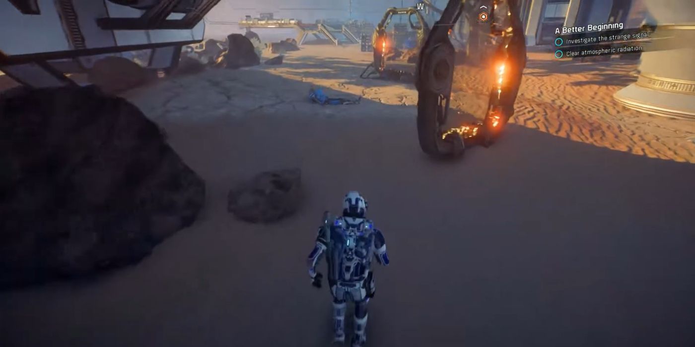Mass Effect Andromeda Скриншот тела рядом с двумя щитами Кеттов
