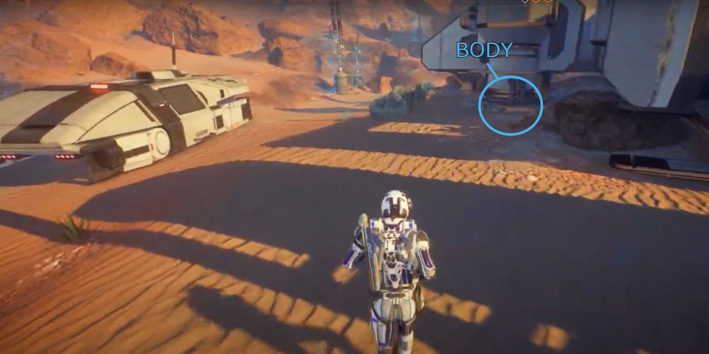 Скриншот Mass Effect Andromeda: Райдер рядом с телом колониста на сайте Promise