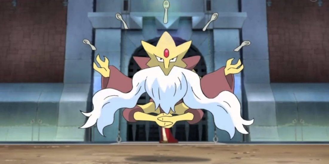 Mega Alakazam standing in a regal battle stadium from the Pokemon Anime