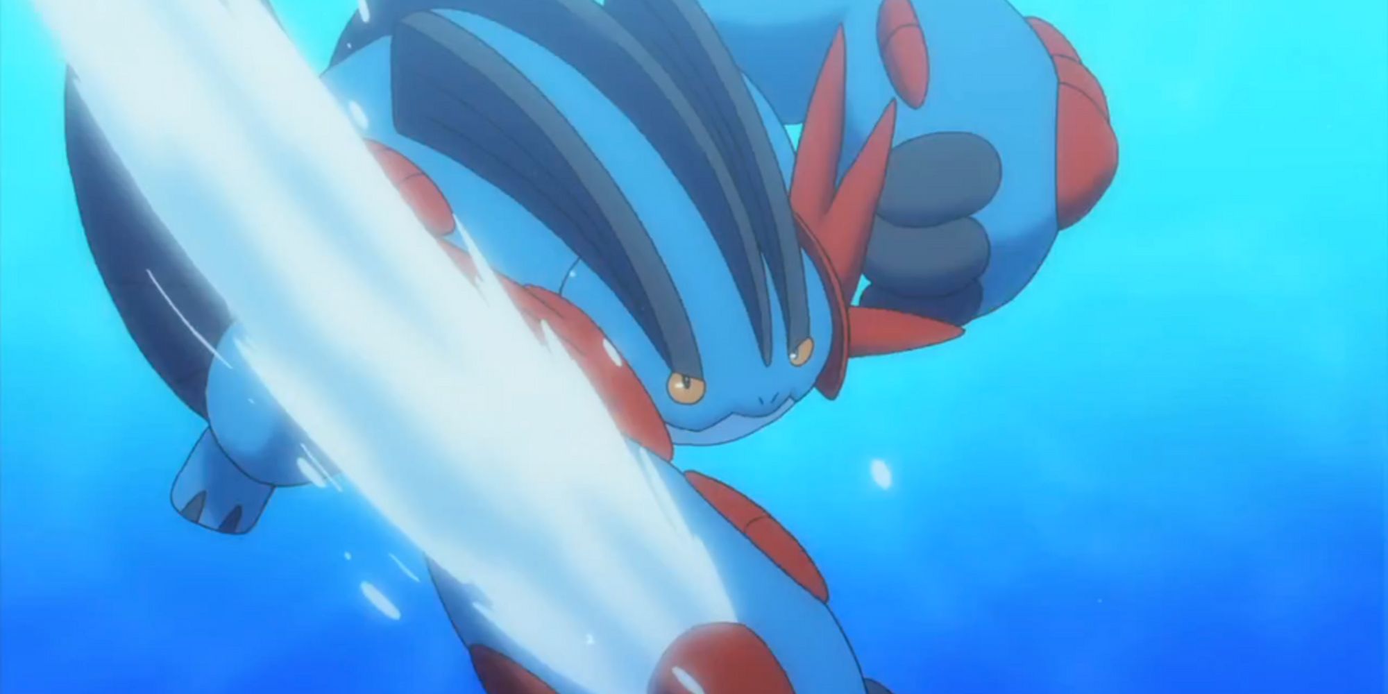 Mega Swampert slicing through water with its massive fist.
