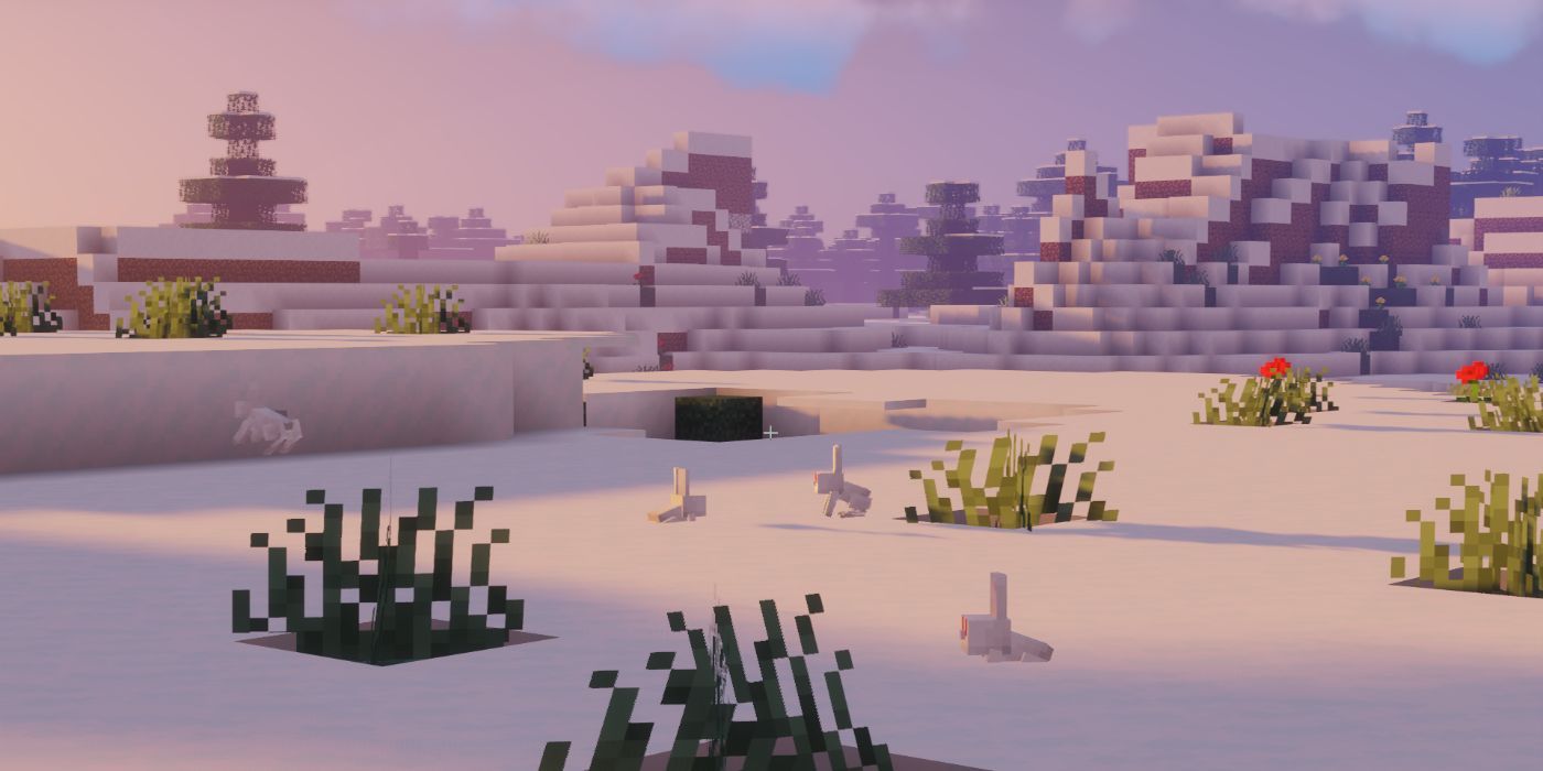 Minecraft snowy tundra with rabbits