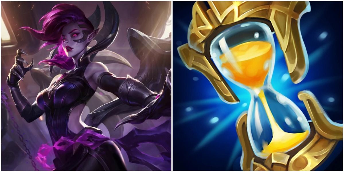 Morgana standing by Zhonya's Hourglass in League of Legends