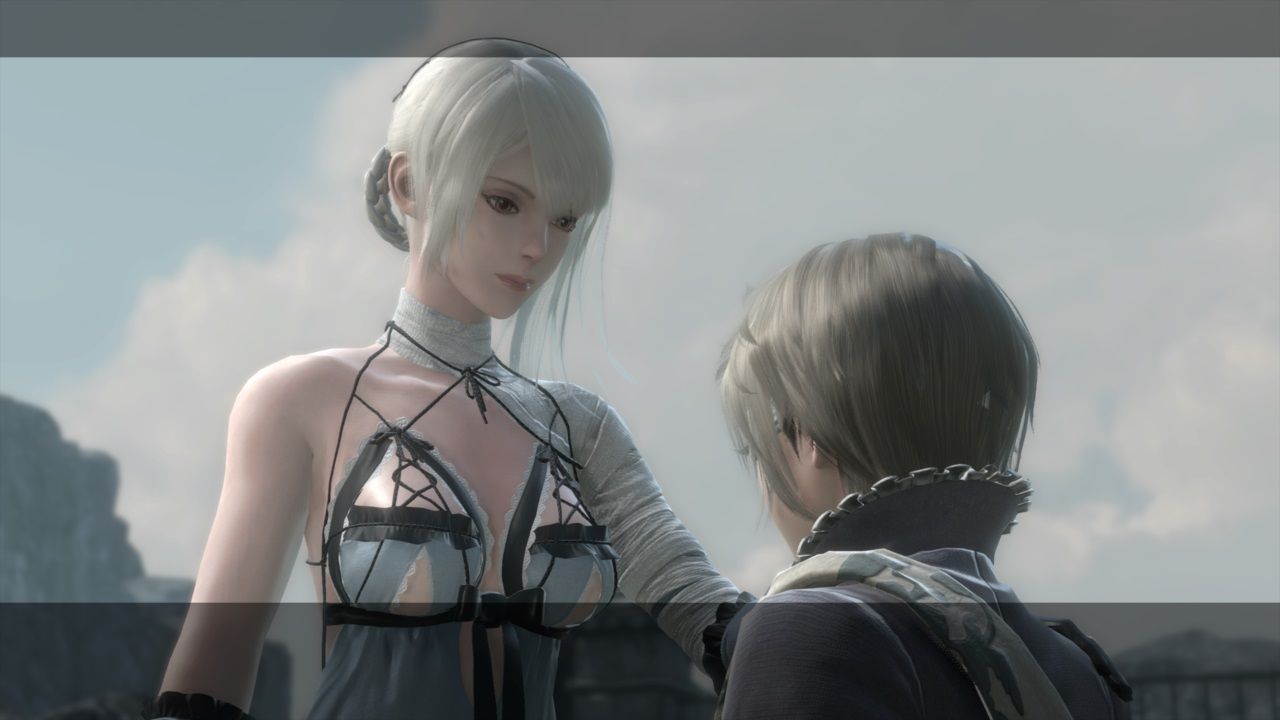 Nier Kaine sitting by the campfire with Emil.