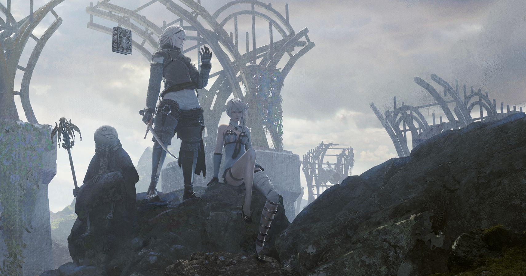 Nier Replicant's protagonists stand in the remnants of Earth