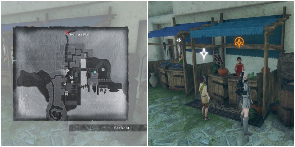 A split image of the Seafron grocery store and its location on the map in Nier Replicant.