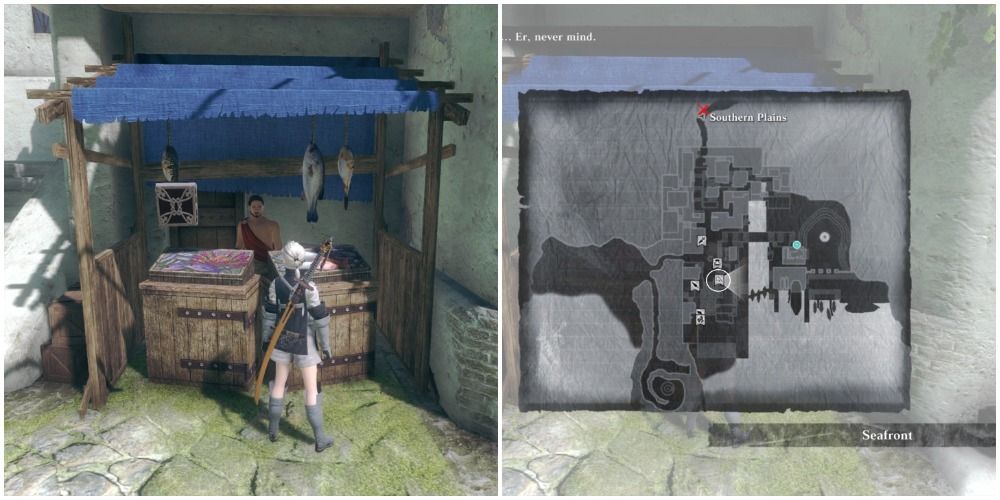 A split image of the Seafront tackle shop and it's map location in Nier Replicant.