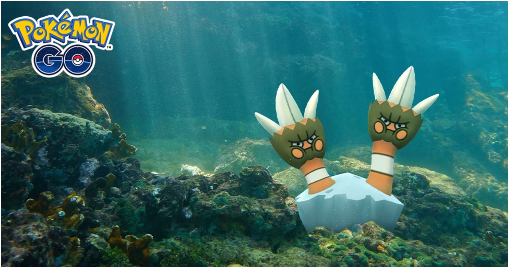 promo image for pokemon go's sustainability week, featuring binacle underwater