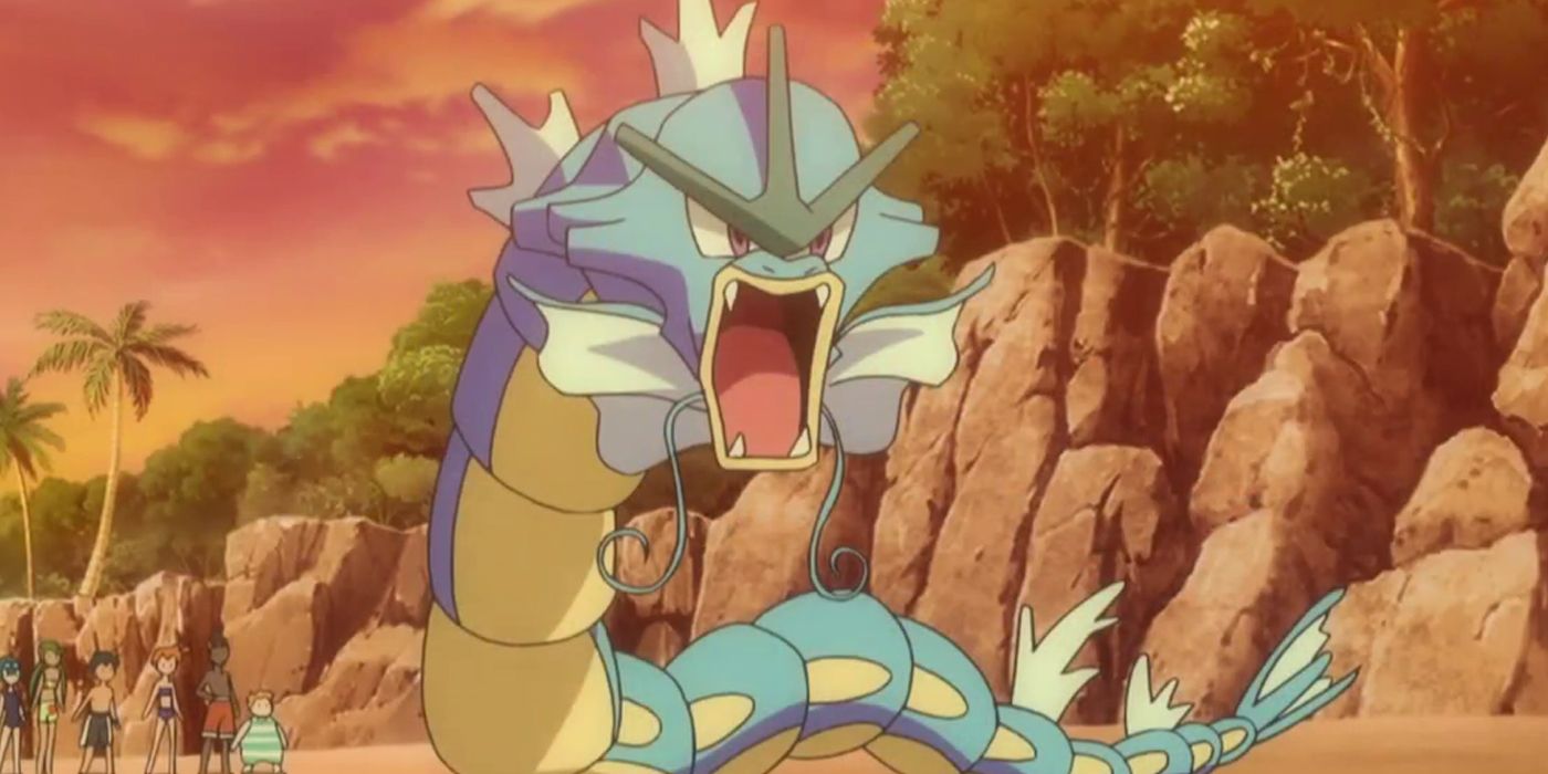 Pokemon Gyarados with characters behind it