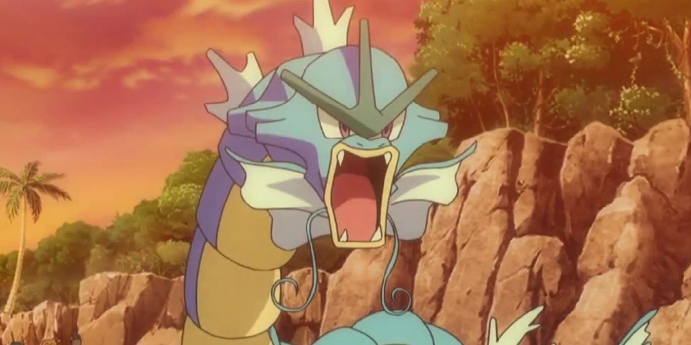 The powerful Gyarados sitting with an angry face on the beaches of Alola in the Pokemon Anime.