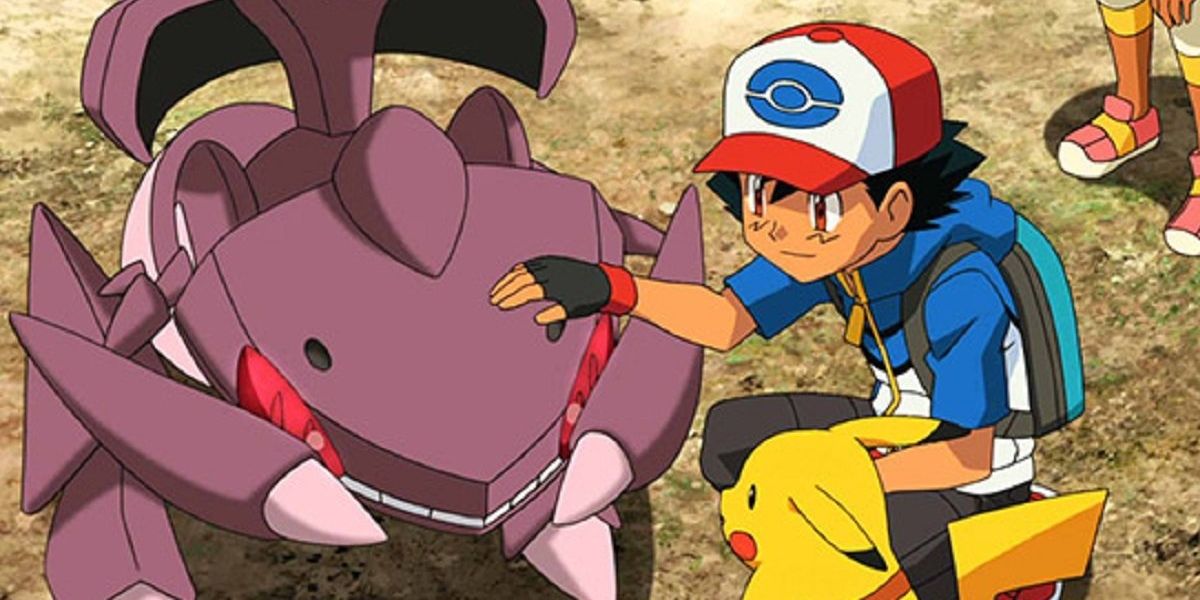 Ash petting a Genesect with Pikachu in the Pokemon anime.