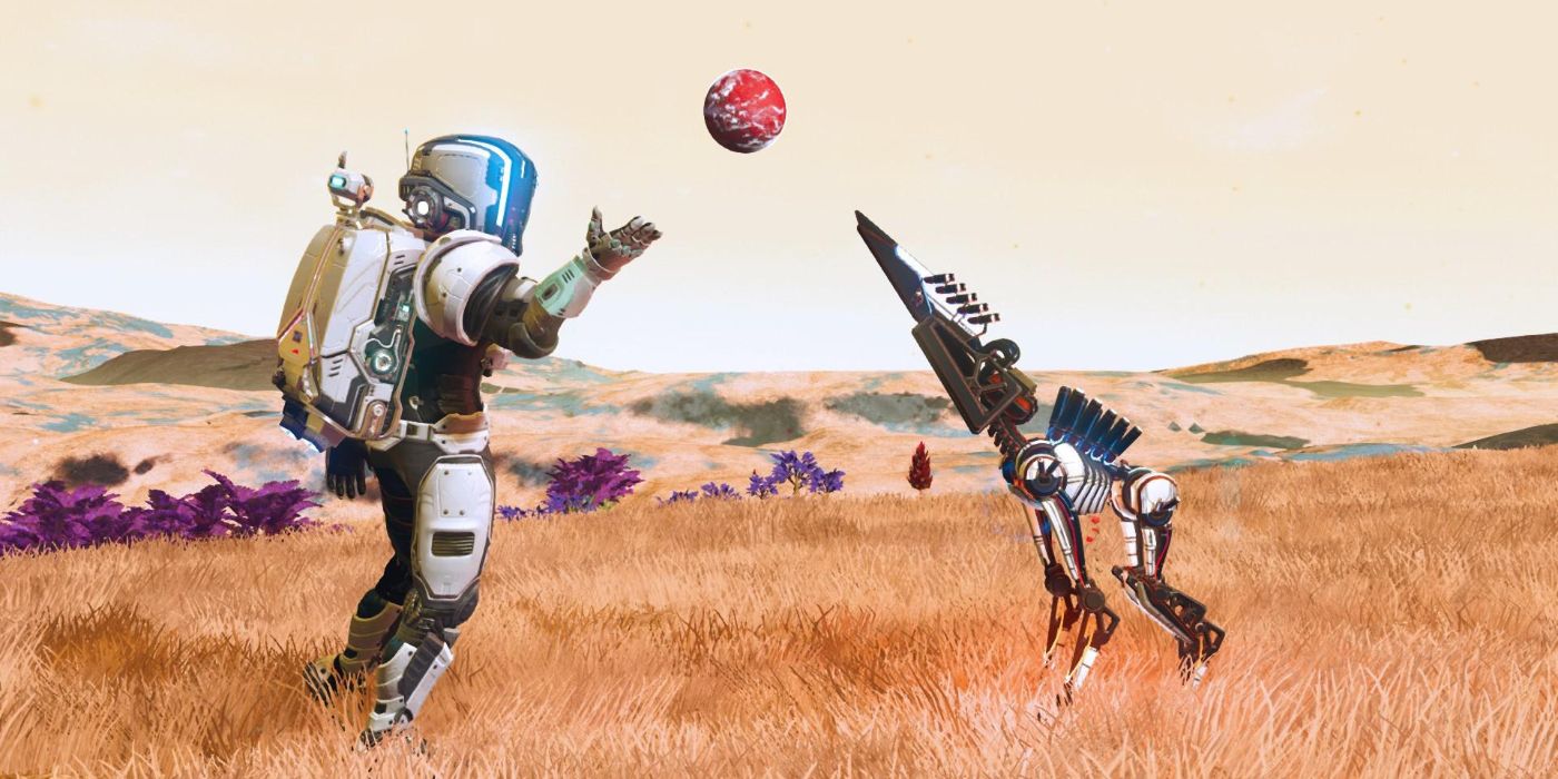 Robodog playing catch in No Man's Sky