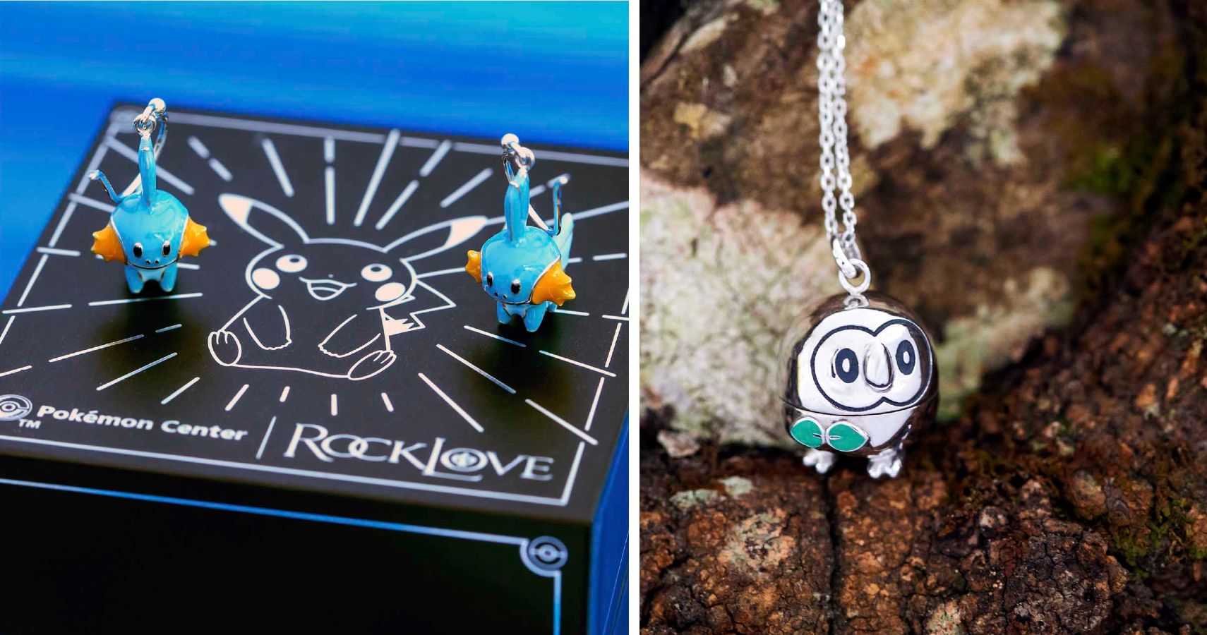 Mudkip earrings and a Rowlet Necklace for the Pokemon x RockLove Jewelry Collection
