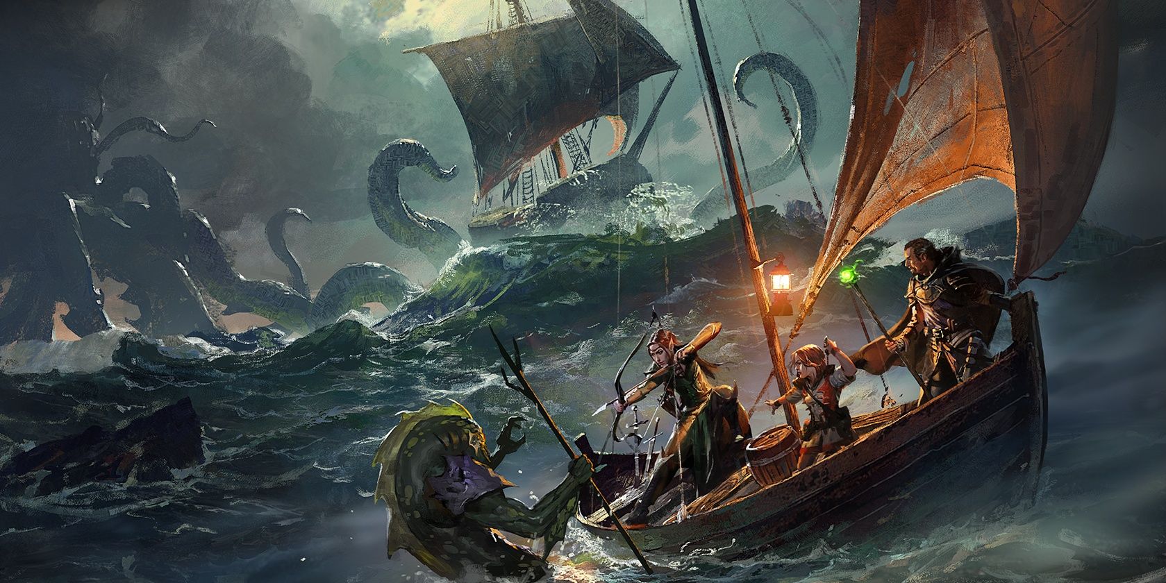 Dungeons and Dragons Sailors On A Small Boat At Sea During A Thunderstorm Attacked By Merfolk