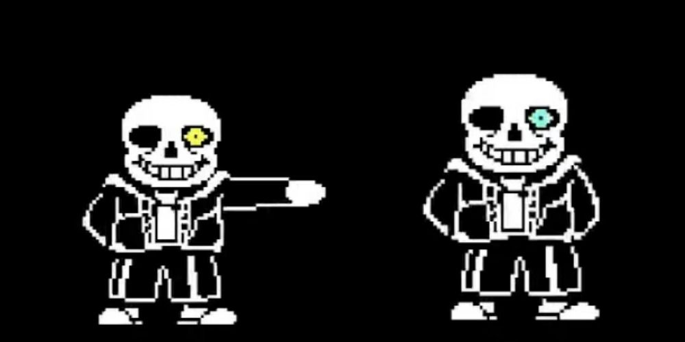 Sans with his yellow and blue eyes during battle in Undertale