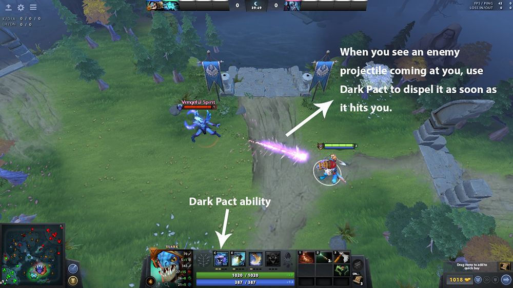 Slark using Dark Pact to dispell abilities