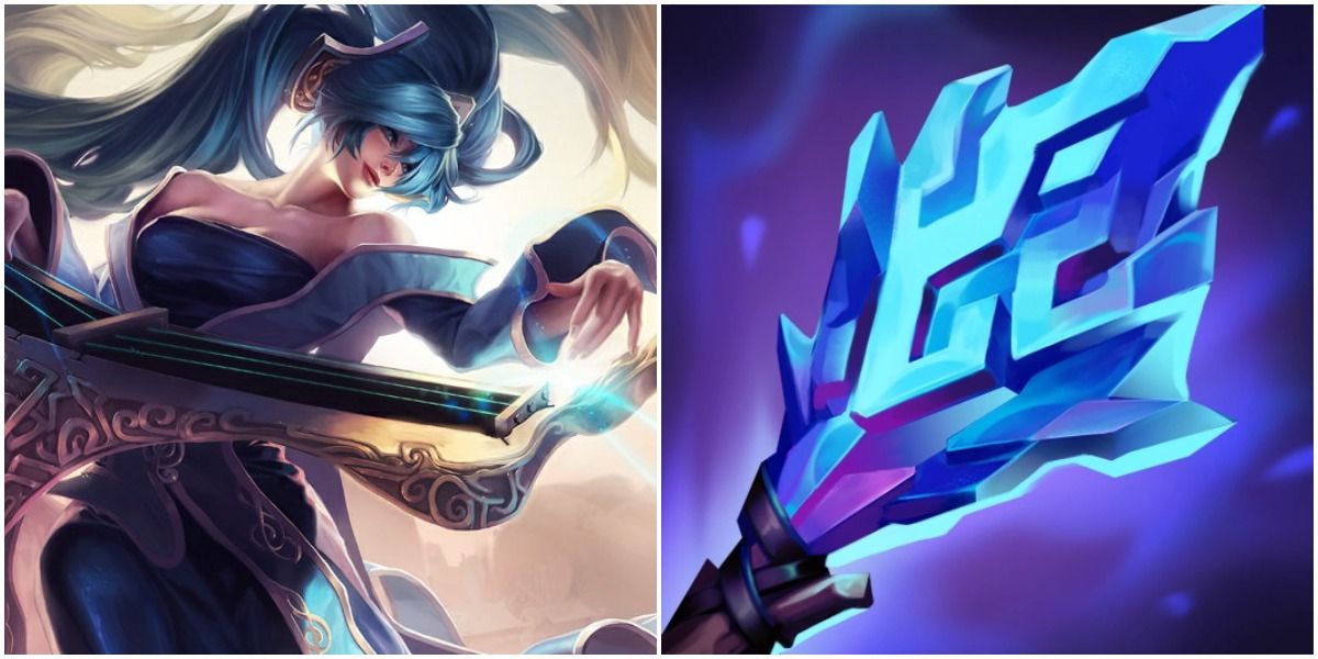 Sona standing next to the Shard of True Ice in League of Legends