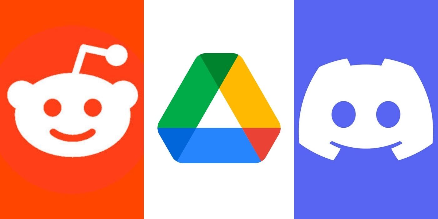 Split image - Reddit logo, Discord logo, Google Drive logo