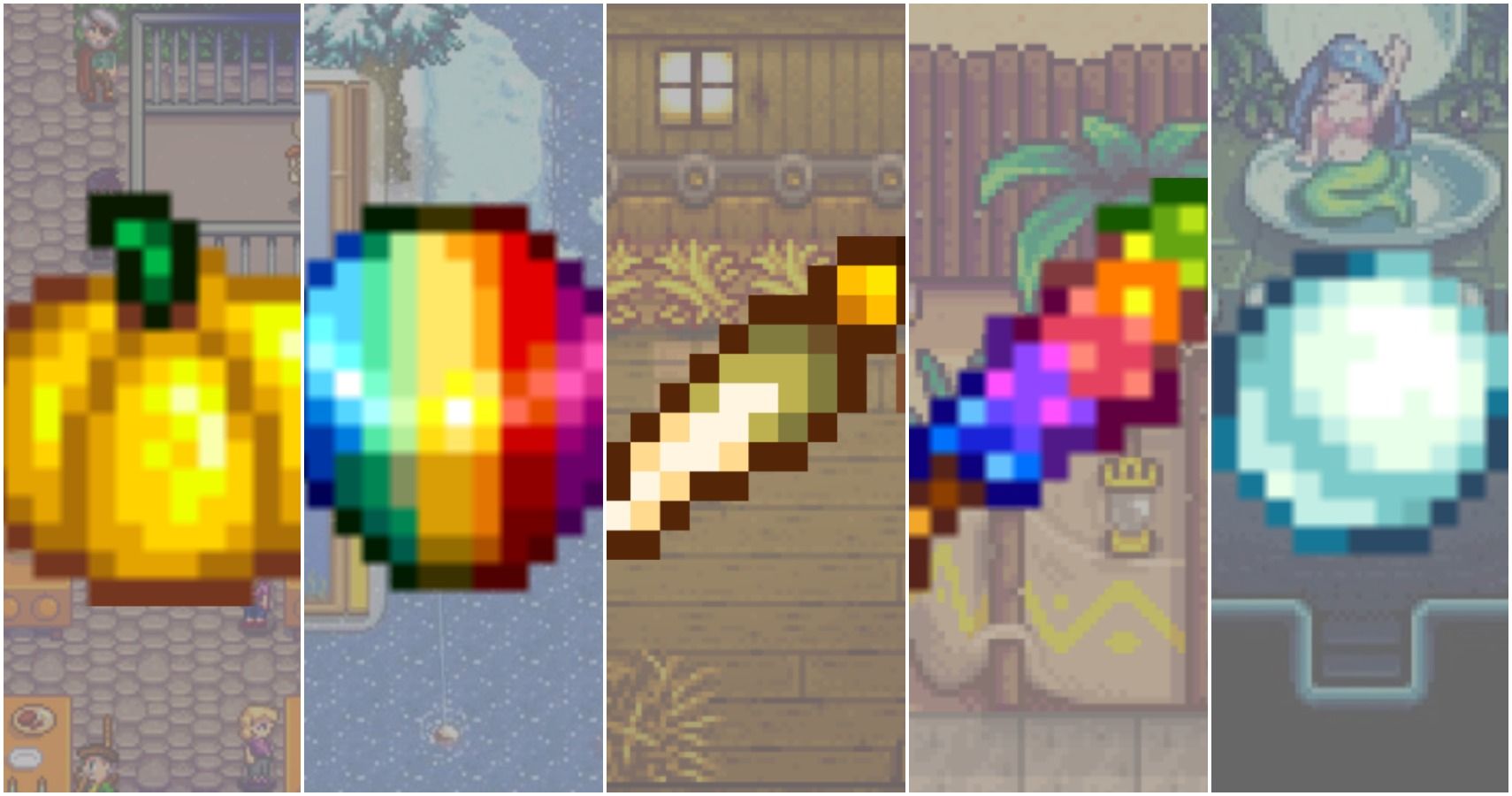 a split image showing all five of the universally-loved gifts in stardew valley: the golden pumpkin, the prismatic shard, a rabbit's foot, magic rock candy, and a pearl on the backgrounds of where you can find them