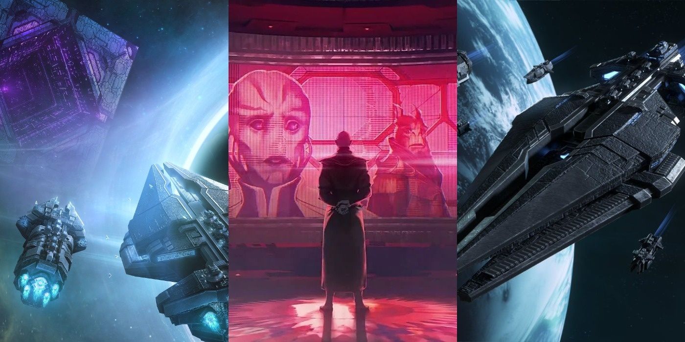 Split image of Stellaris ships traveling and agent standing at computer