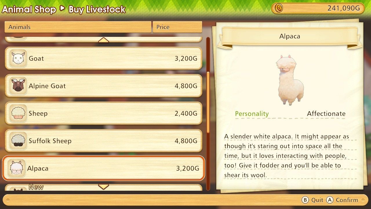 The alpaca screen in the Animal Shop menu in Story of Seasons Pioneers of Olive Town.