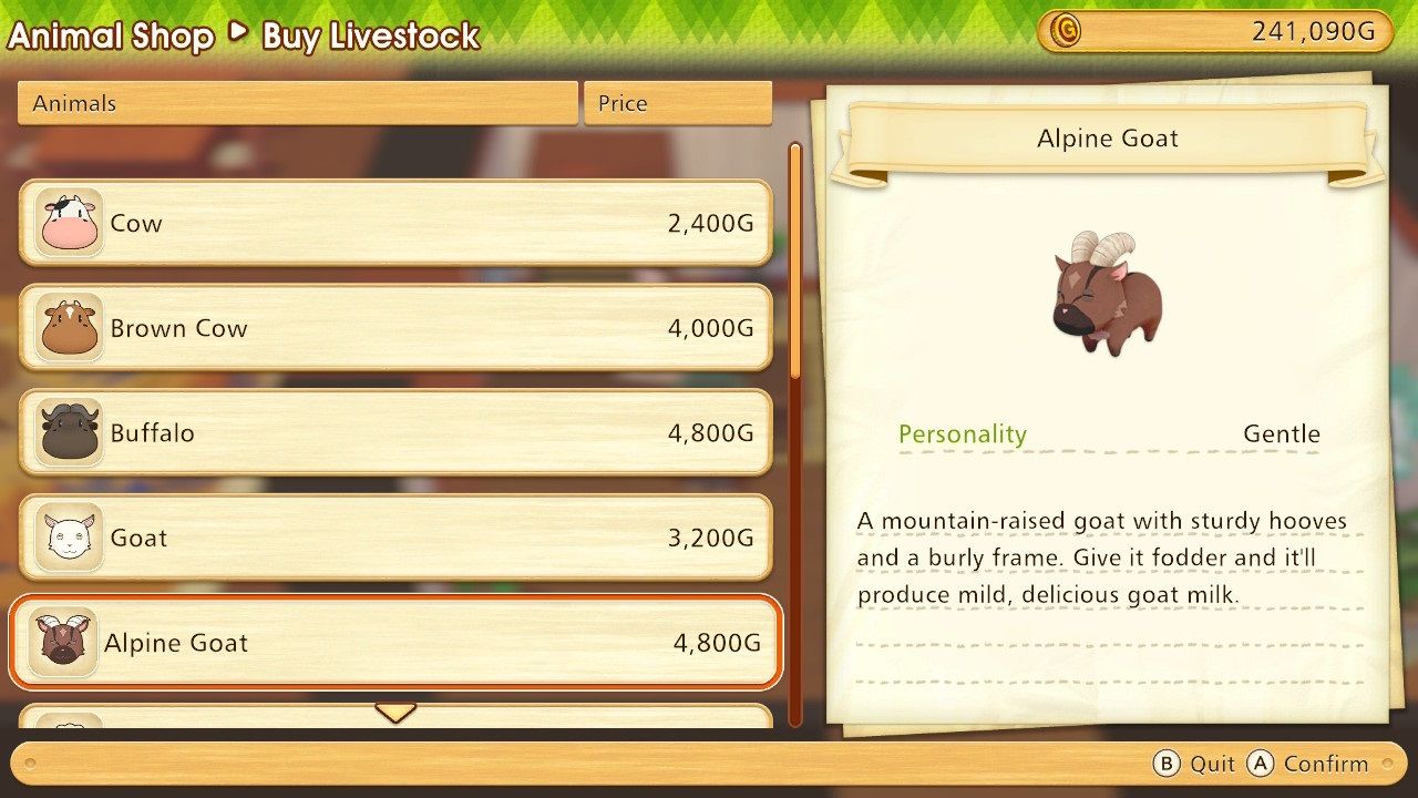 The alpine goat screen in the Animal Shop menu in Story of Seasons Pioneers of Olive Town.