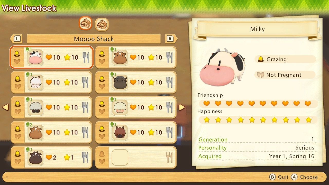The livestock screen that shows the animal's happiness in Story of Seasons Pioneers of Olive Town
