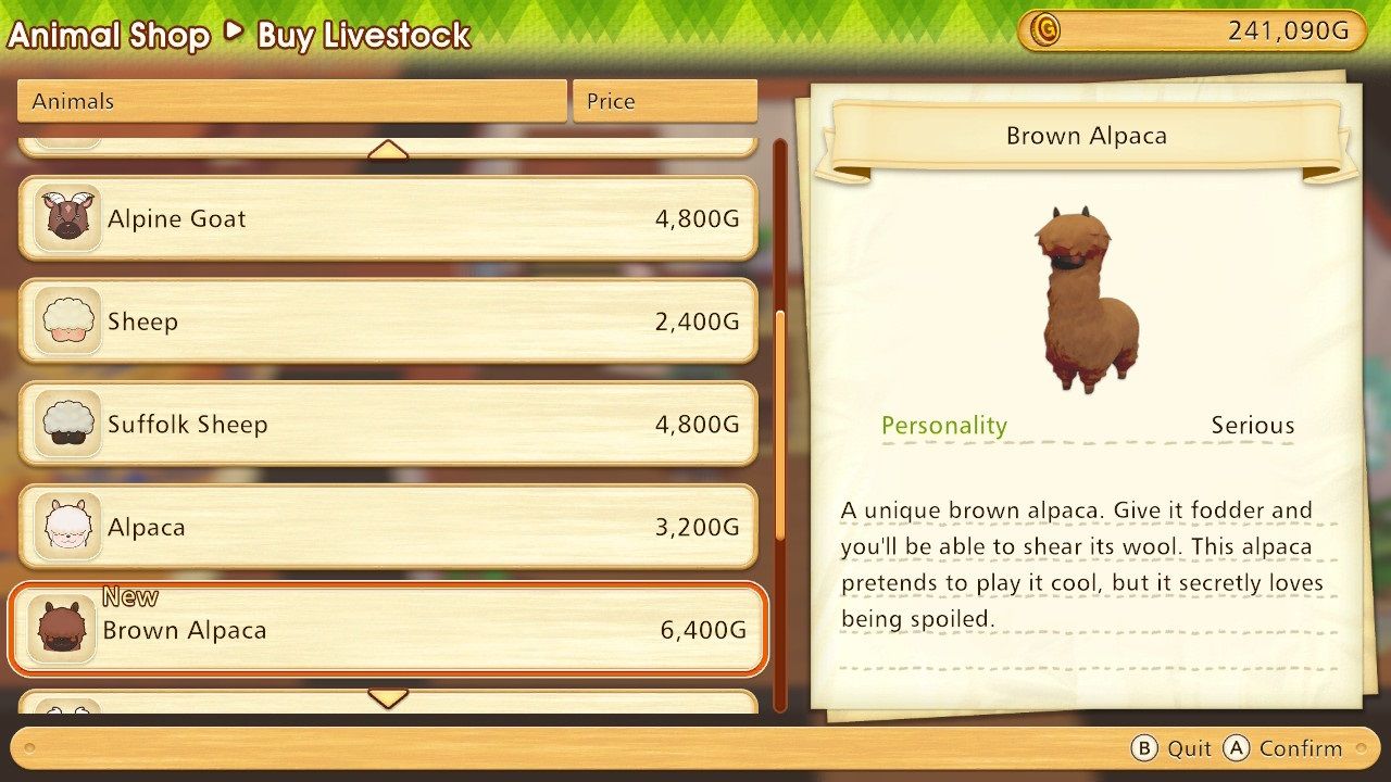 The brown alpaca screen in the Animal Shop menu in Story of Seasons Pioneers of Olive Town.