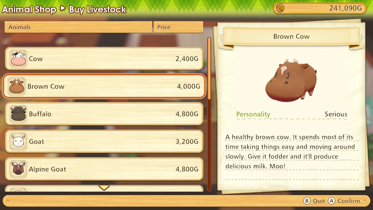 The brown cow screen in the Animal Shop menu in Story of Seasons Pioneers of Olive Town.