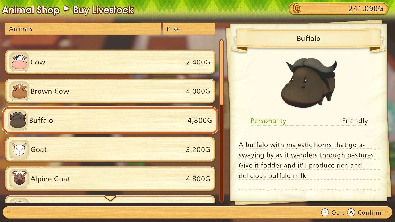 The buffalo screen in the Animal Shop menu in Story of Seasons Pioneers of Olive Town.