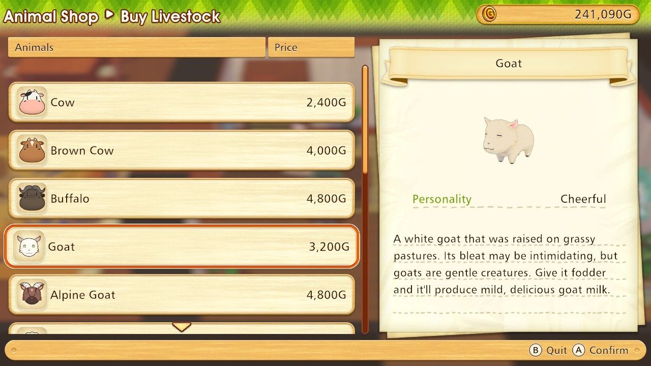 The goat screen in the Animal Shop menu in Story of Seasons Pioneers of Olive Town.