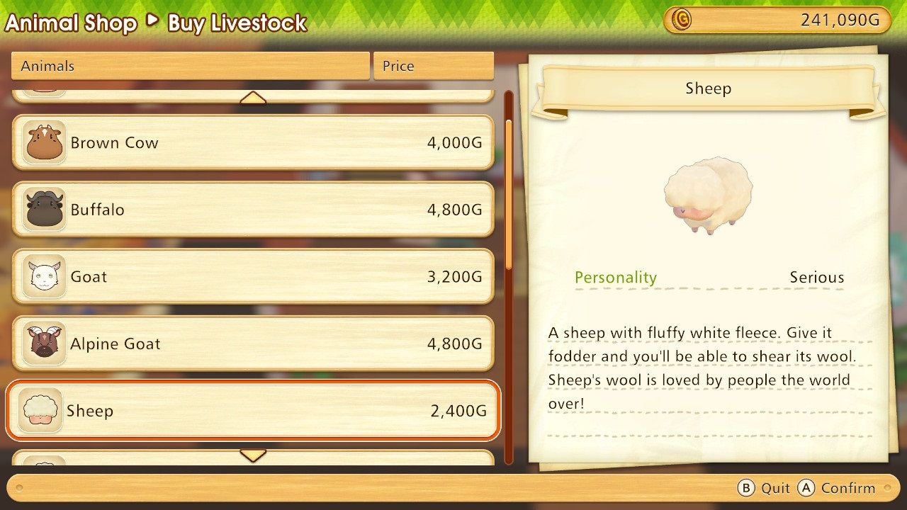The sheep screen in the Animal Shop menu in Story of Seasons Pioneers of Olive Town.
