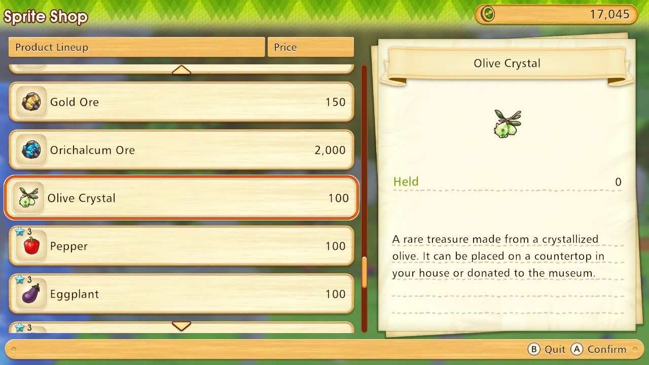 Story of Seasons Pioneers of Olive Town Sprite Shop Menu