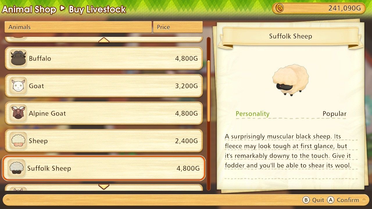 The suffolk sheep screen in the Animal Shop menu in Story of Seasons Pioneers of Olive Town.