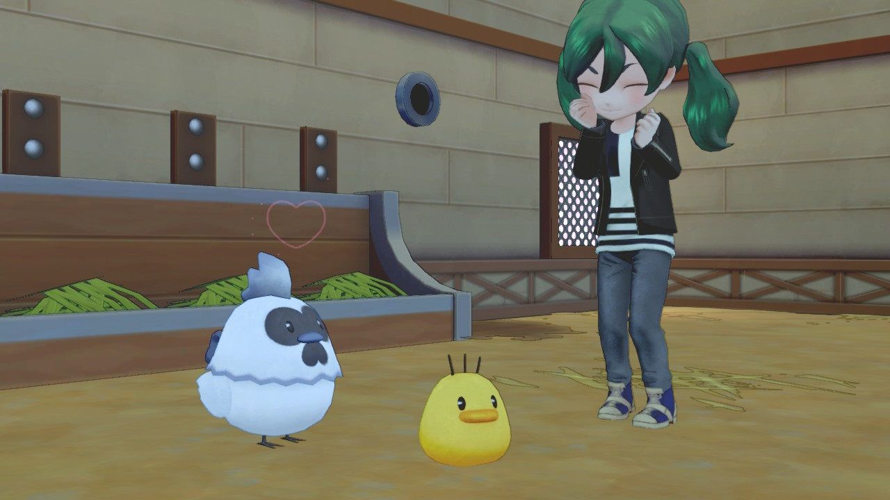 A player looking happy beside a silkie chicken and its chick in Story of Seasons Pioneers of Olive Town.