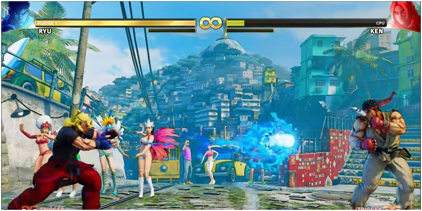 Street Fighter V - Ken uses his Hadouken against Ryu