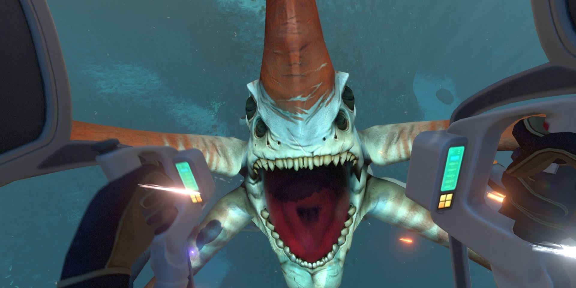 Subnautica reaper leviathan close up in prawn suit